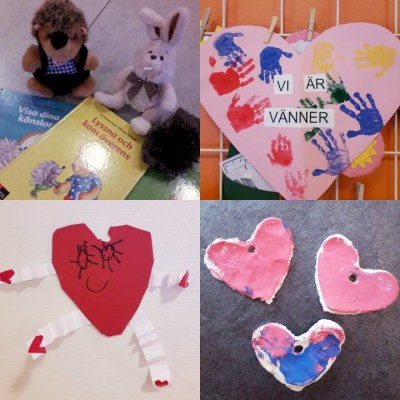 Foto: Konstverk gjorda av barn. Ljusröda hjärtan med texten vi är vänner.