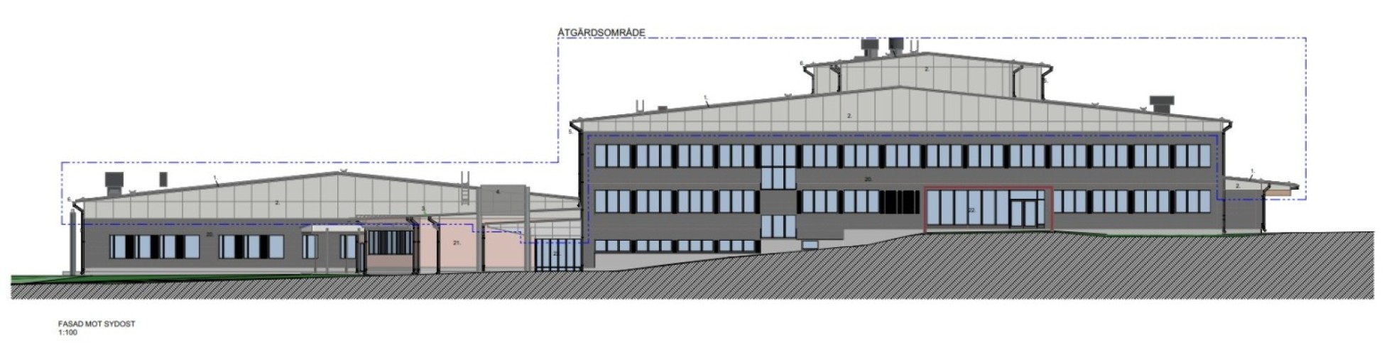 fasadritning av Kronoby skolcentrum
