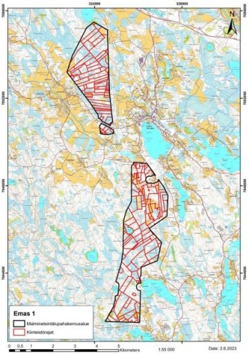 karta över malmletningsområde på västra sidan av Terjärv