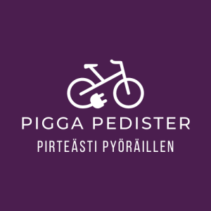 piggapedister logo med lila bakgrund och vit elcykel fram. Pirteästi pyöräillen logo, jossa lila pohja ja kuvassa valkoinen sähköpyörä